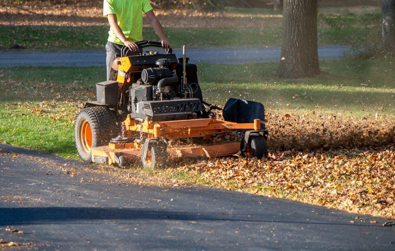 Alejandro's crew clearing fall leaves from a driveway